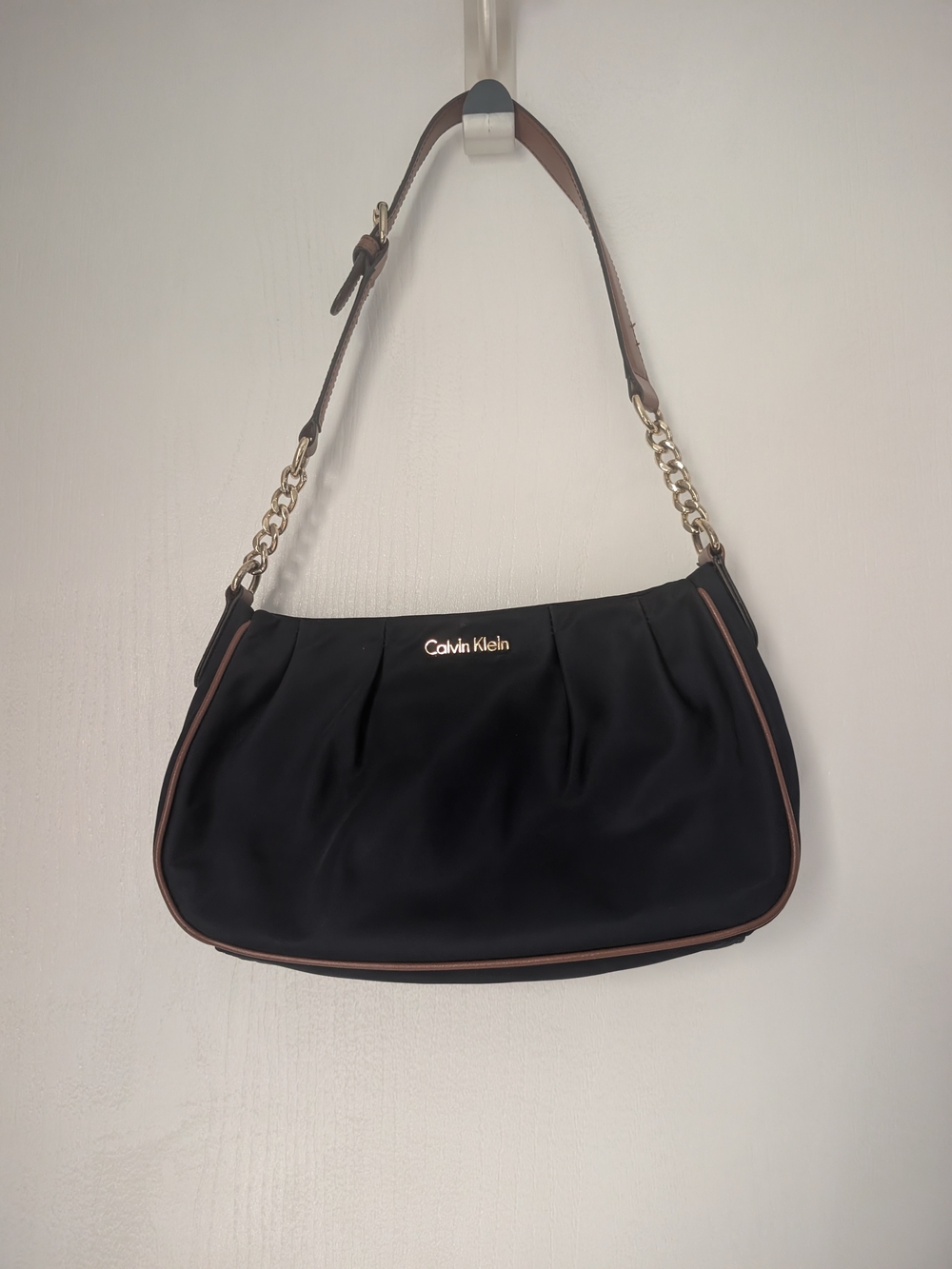 Calvin Klein Black Shoulder Bag with Brown Trim and Gold Hardware